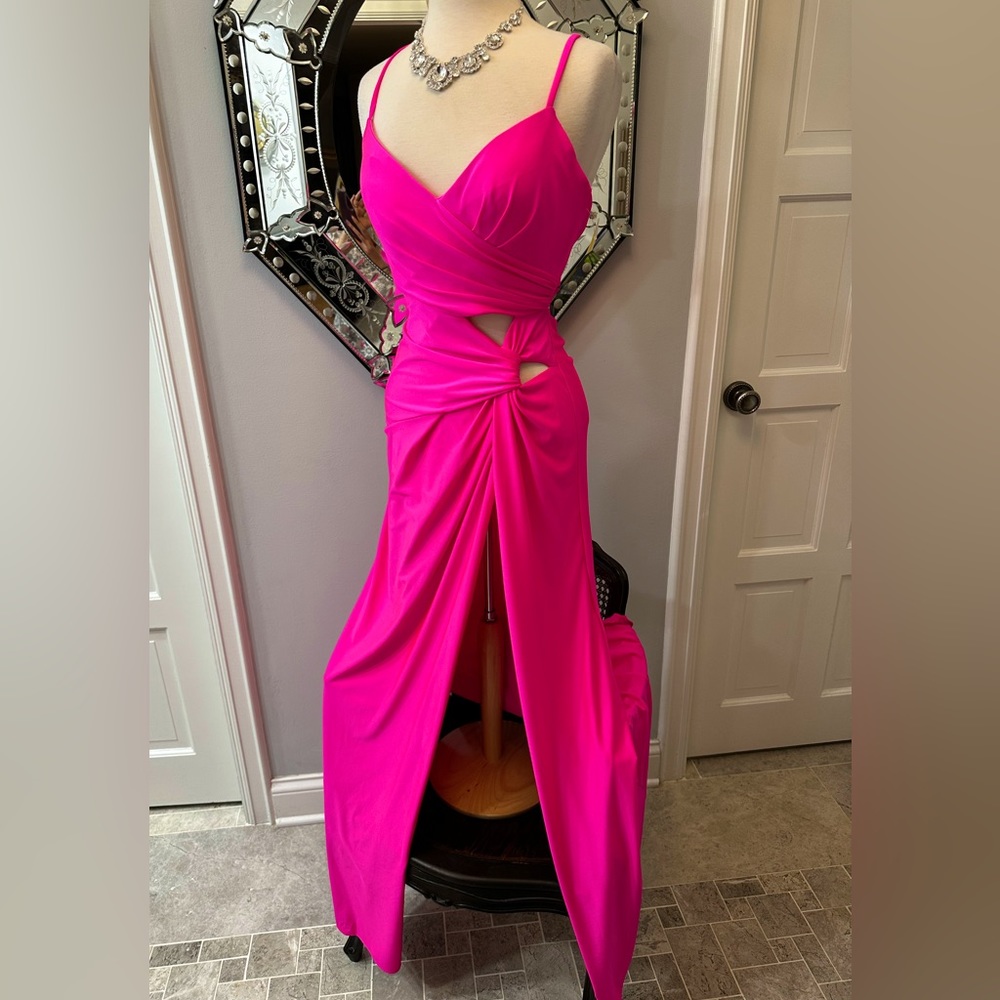 New La Femme Hot Pink Cut Out Cocktail Prom Gala Wedding Party Hi Slit Gown - Picture 6 of 17